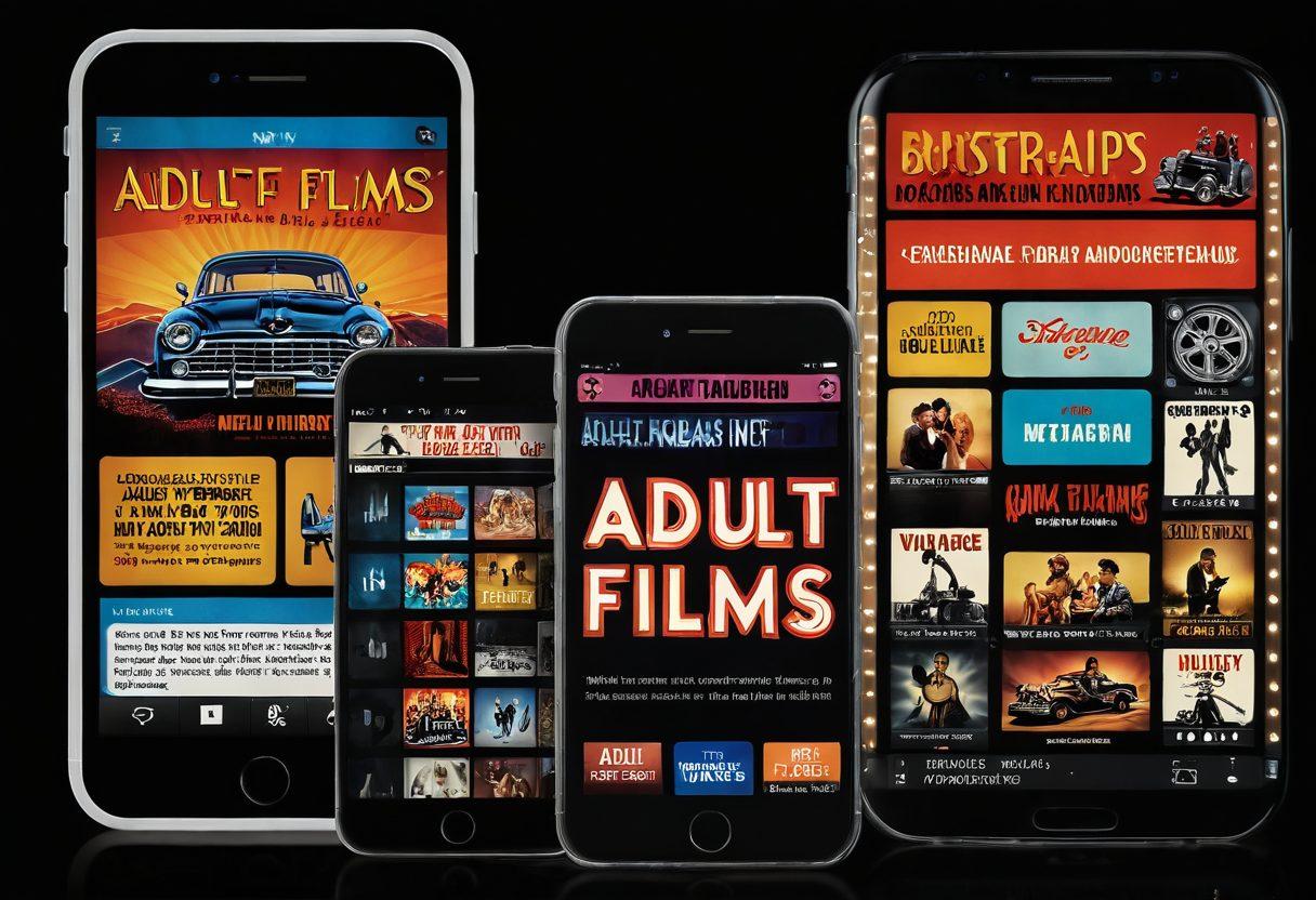 A split image showcasing the transition from an old fashioned cinema with a retro marquee announcing 'Adult Films' to a modern smartphone displaying adult content apps. The left side features vintage movie posters and a 35mm film reel, while the right side highlights sleek mobile technology with bright app icons. This contrast illustrates the evolution of adult entertainment. super-realistic. vibrant colors. dark background.