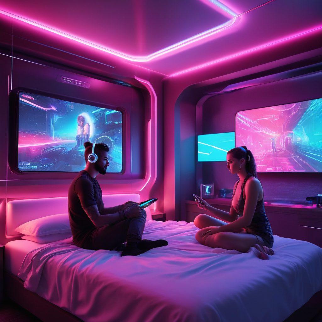 A futuristic bedroom scene showcasing a couple using sleek mobile devices to explore immersive adult content, surrounded by holographic displays of interactive videos. The atmosphere is intimate, with soft neon lighting and a modern aesthetic. Include elements like virtual reality headsets and playful digital graphics emphasizing freedom and exploration. cyberpunk. vibrant colors. 3D.